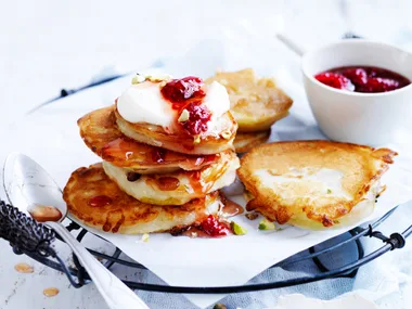 Pear fritters with raspberry rose syrup