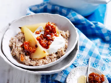 Coconut rice pudding and poached pears