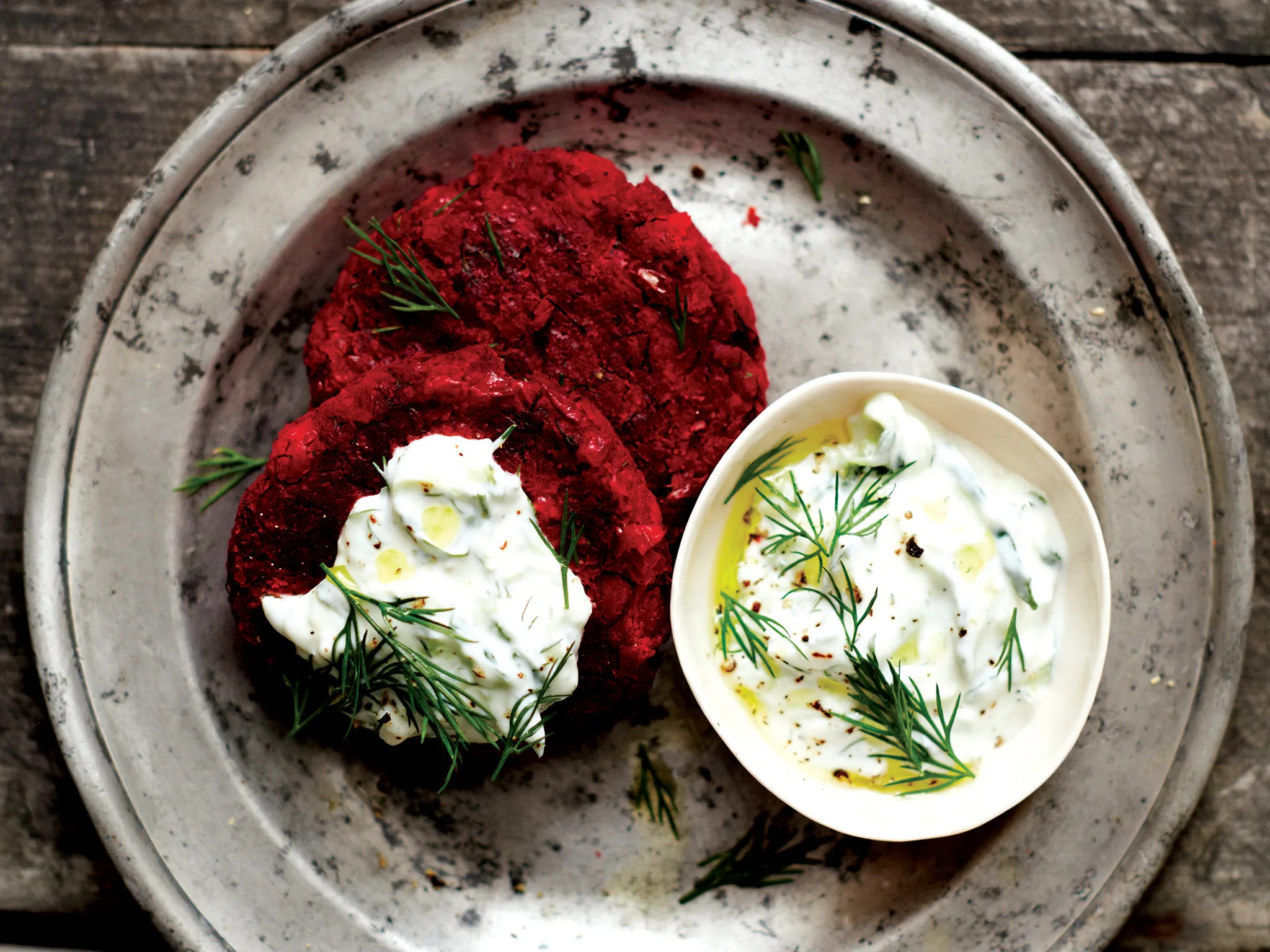 Beetroot chickpea cakes with tzatziki