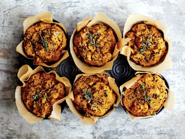 Herbed black quinoa muffins with sweet potato and caramelised onions