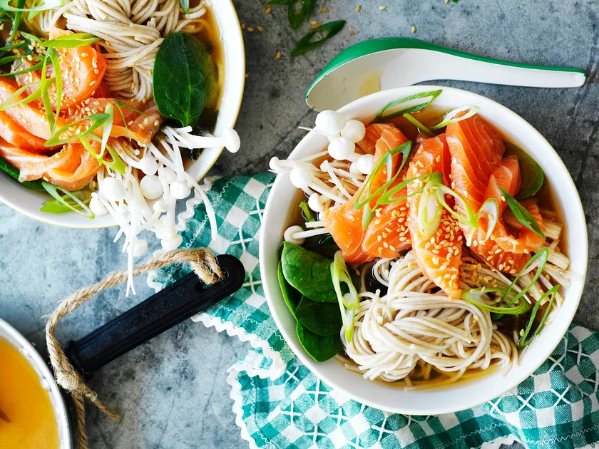 Miso broth with salmon and soba