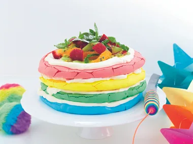 Rainbow pavlova cake