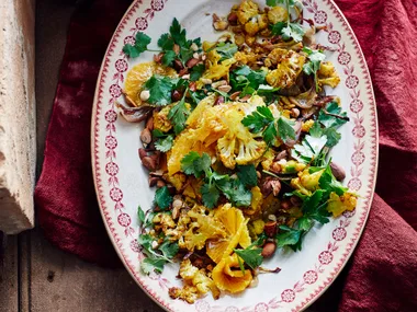Roasted cauliflower salad with almonds and oranges