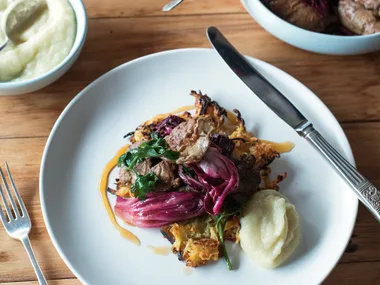 Sautéed duck livers with latkes & apple sauce