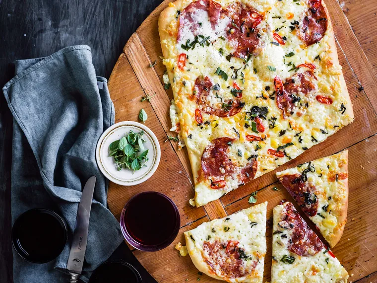 Four-cheese & sopressa pizza with chilli
