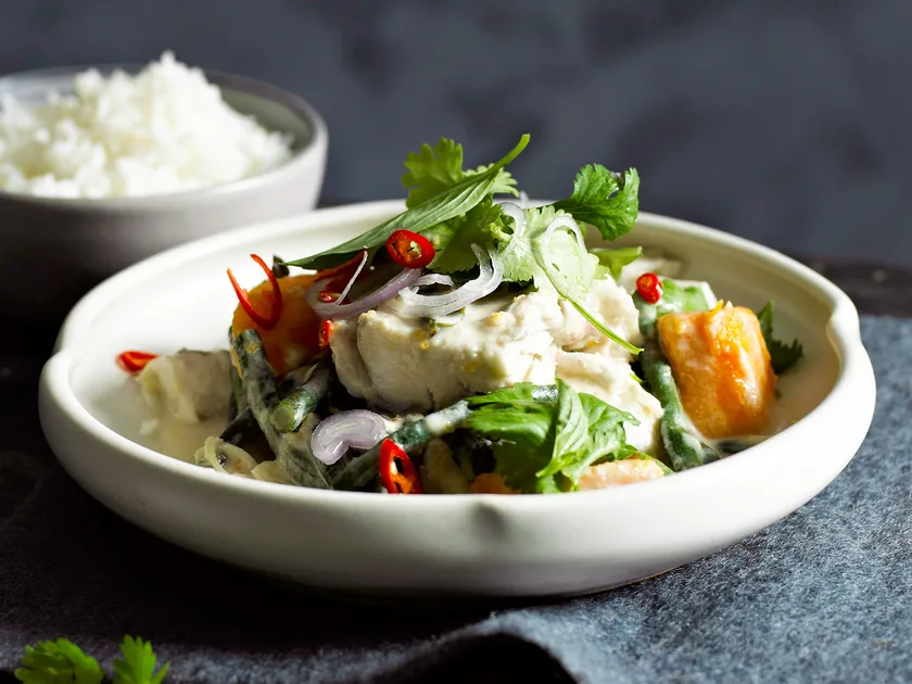 Coconut-poached fish with pumpkin &amp; beans