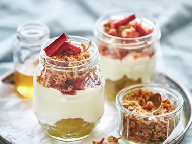 Apple and rhubarb crumble jar with honey yoghurt