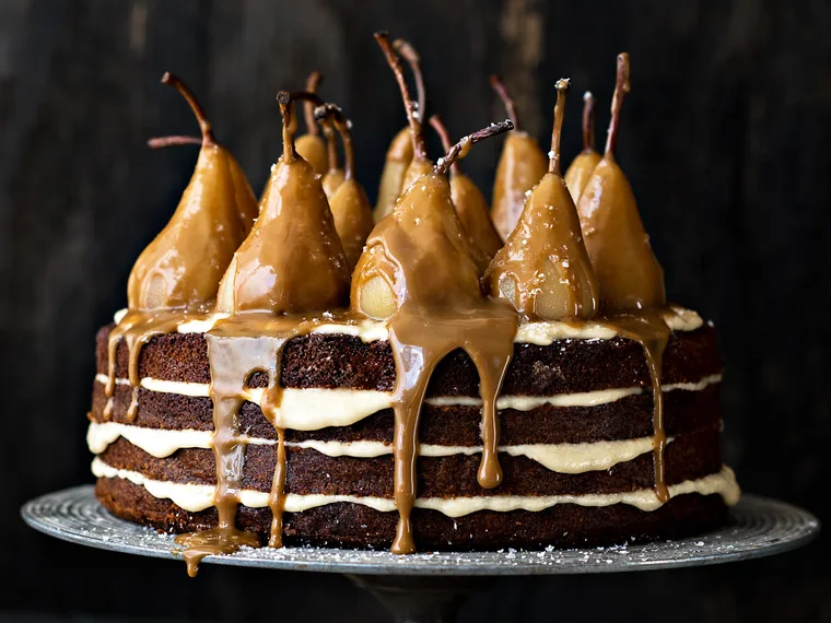 &lsquo;Trio of sugars&rsquo; cake with caramel pears
