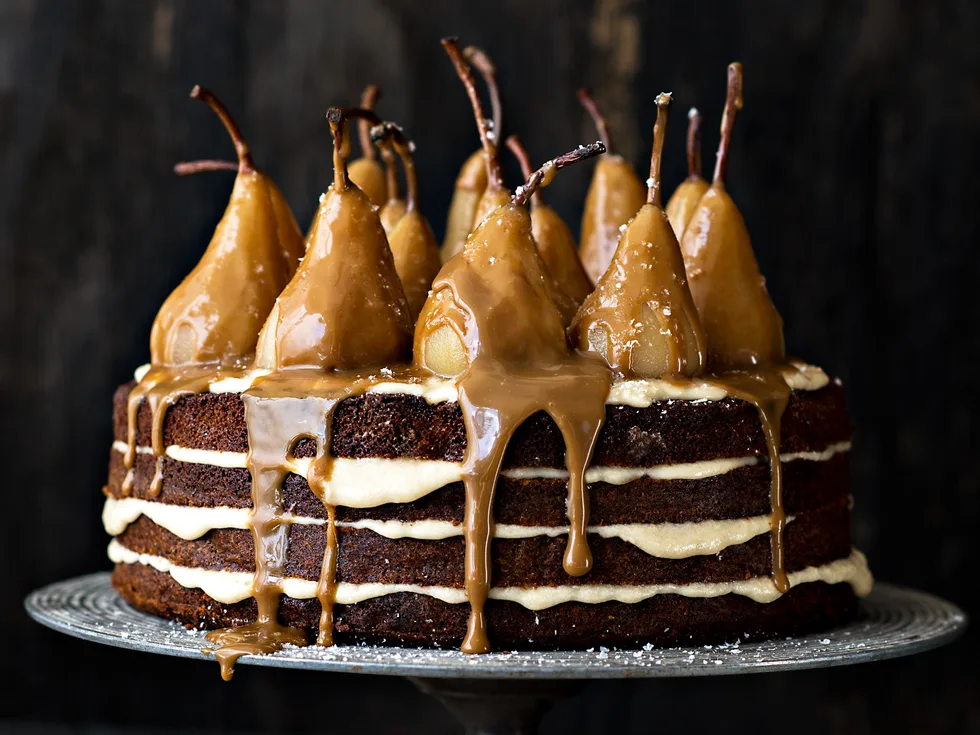 ‘Trio of sugars’ cake with caramel pears