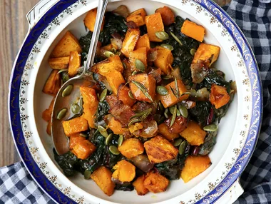 Braised silverbeet topped with bacon and rosemary roasted pumpkin