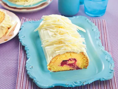 White chocolate and raspberry roulade