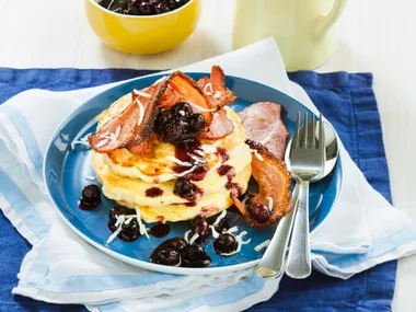 Coconut pancakes with maple blueberries