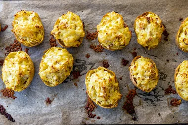 Baked potatoes with bacon and cheese