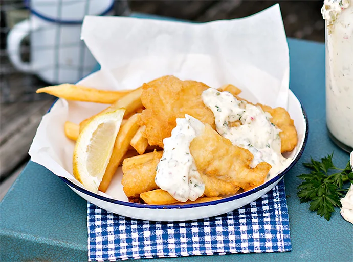 Fried fish and fast chips with garlic seasoning