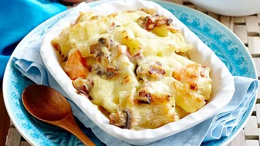 Kumara & salami pasta bake