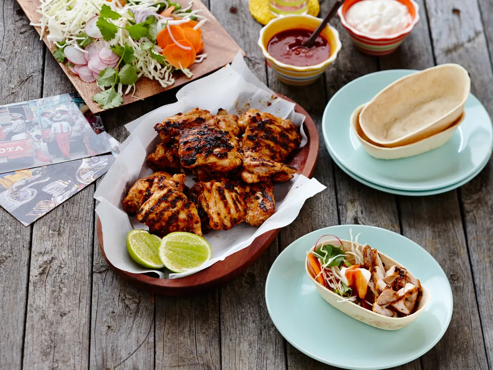 Stand ‘n stuff™ soft tacos with barbecue chicken and Mexican street salad