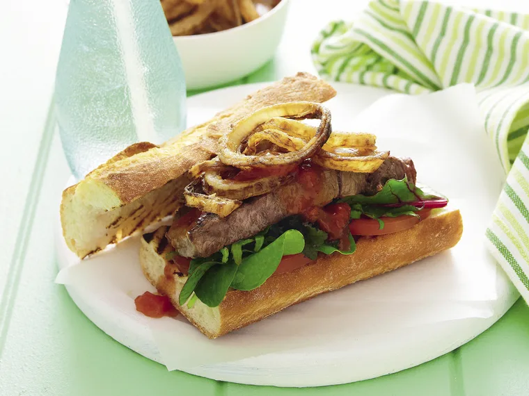 BBQ steak sandwich with honey onions