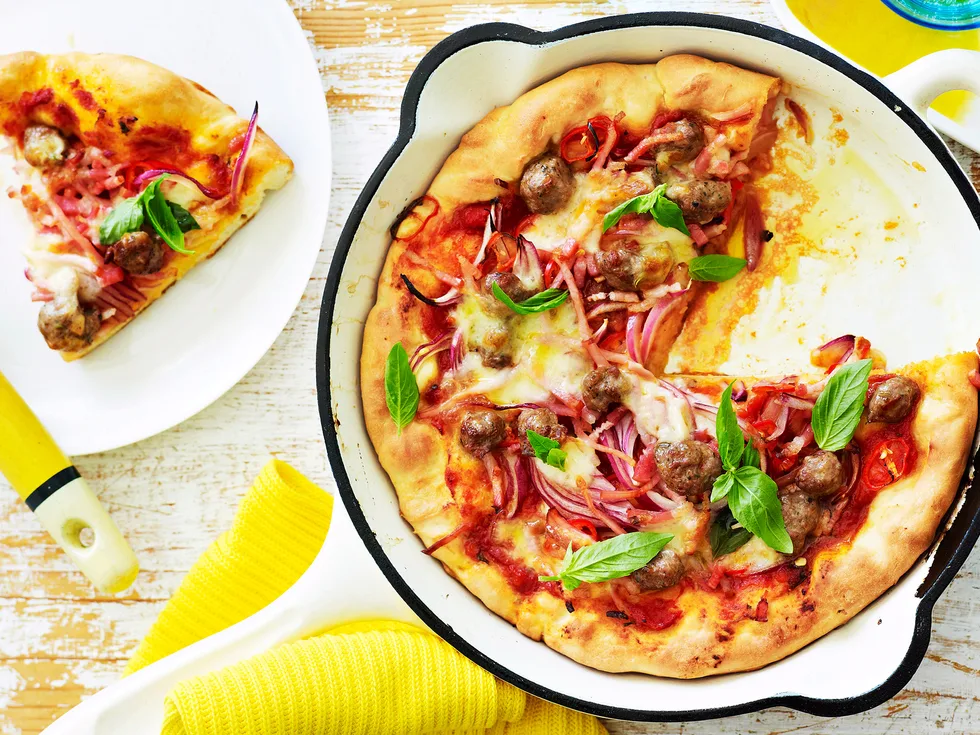 Salami and mushroom deep dish pizza