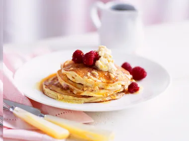 Raspberry hotcakes  with honeycomb butter