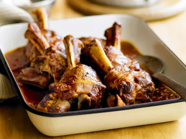 tomato-braised lamb shanks with creamy polenta