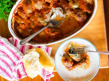 Stuffed onions baked in a cream sauce