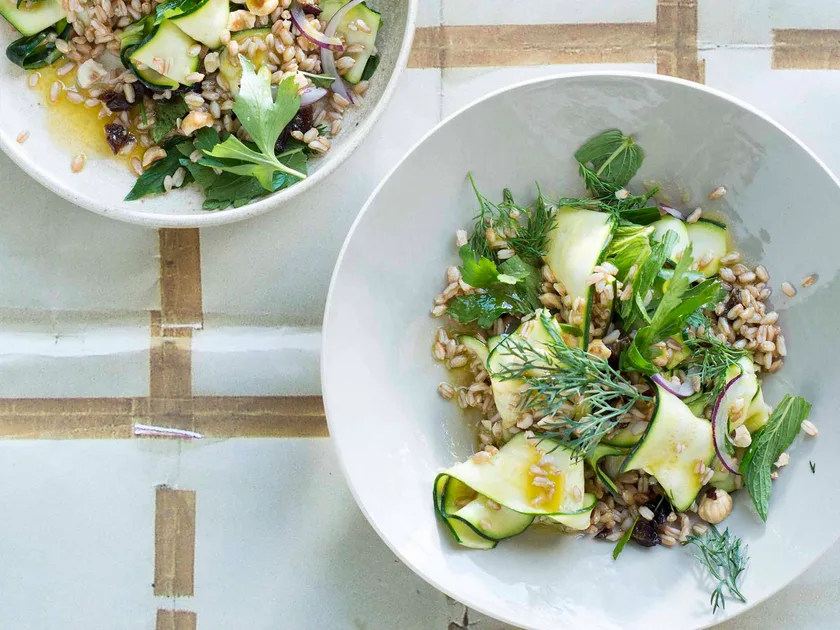 Zucchini and farro salad with toasted hazelnuts