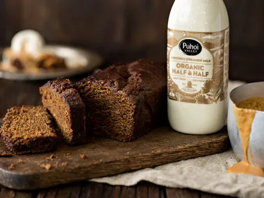 Gingerbread loaf cake with campfire Puhoi half & half caramel sauce and vanilla ice-cream