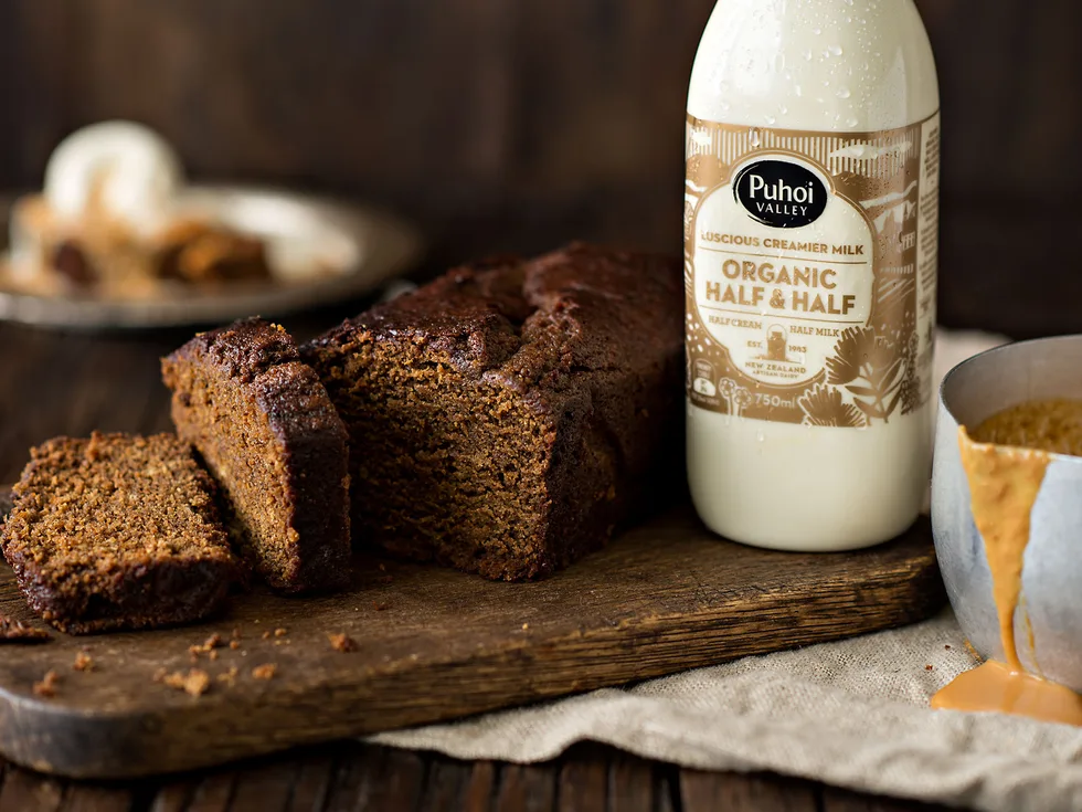 Gingerbread loaf cake with campfire Puhoi half & half caramel sauce and vanilla ice-cream