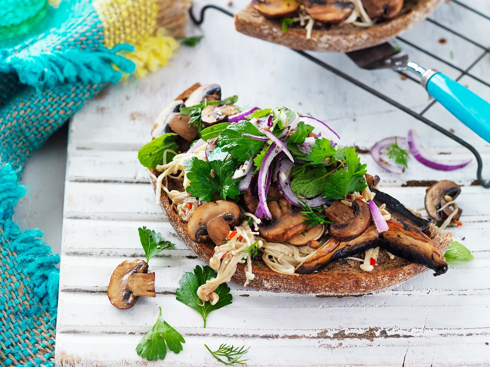 Mixed mushroom trencher with herb salad