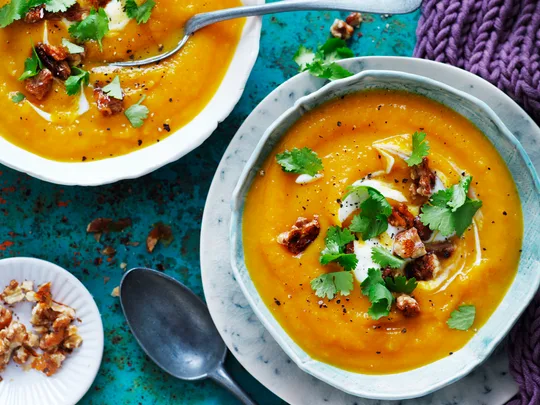 Chai roasted pumpkin soup with honey walnuts
