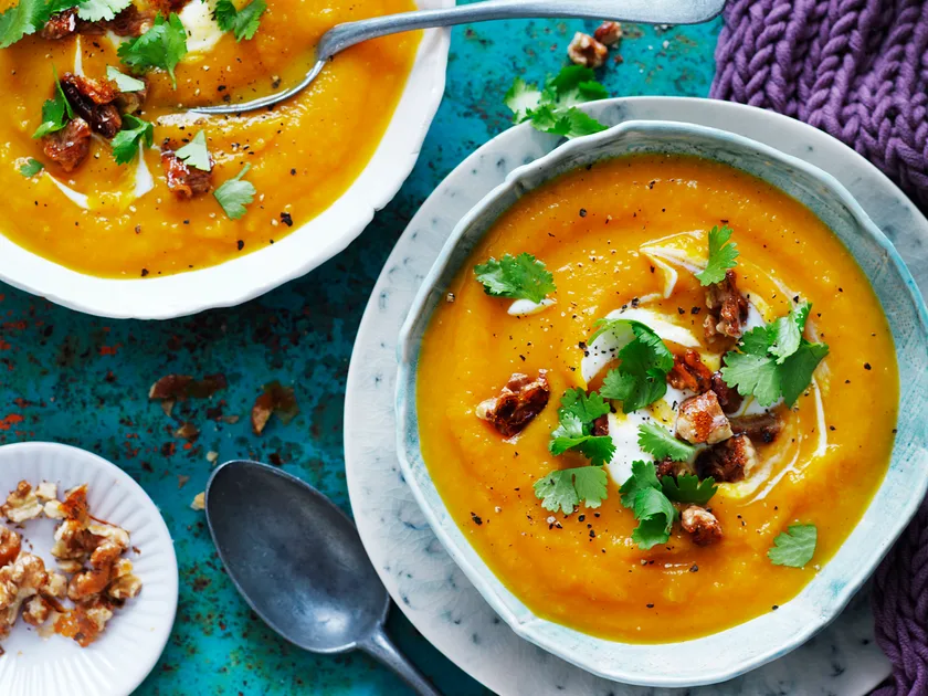 Chai roasted pumpkin soup with honey walnuts