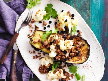 Roasted eggplant with spiced lamb