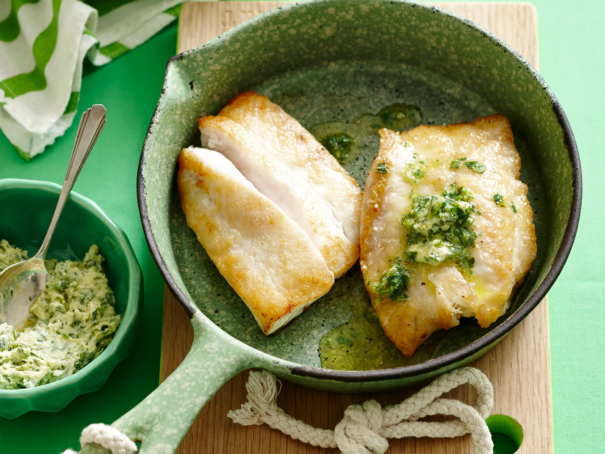 Pan fried fish with lime and coriander butter