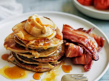 Buckwheat pikelets with bacon and maple butter