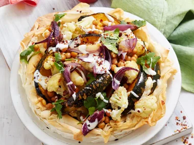 Roasted pumpkin and cauliflower filo tart