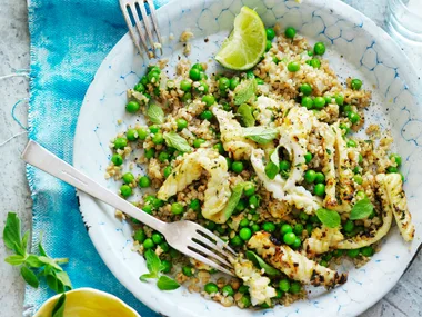 Barbecued squid with lemon cracked wheat risotto
