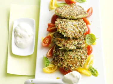 Zucchini fritters with tomato mint salad