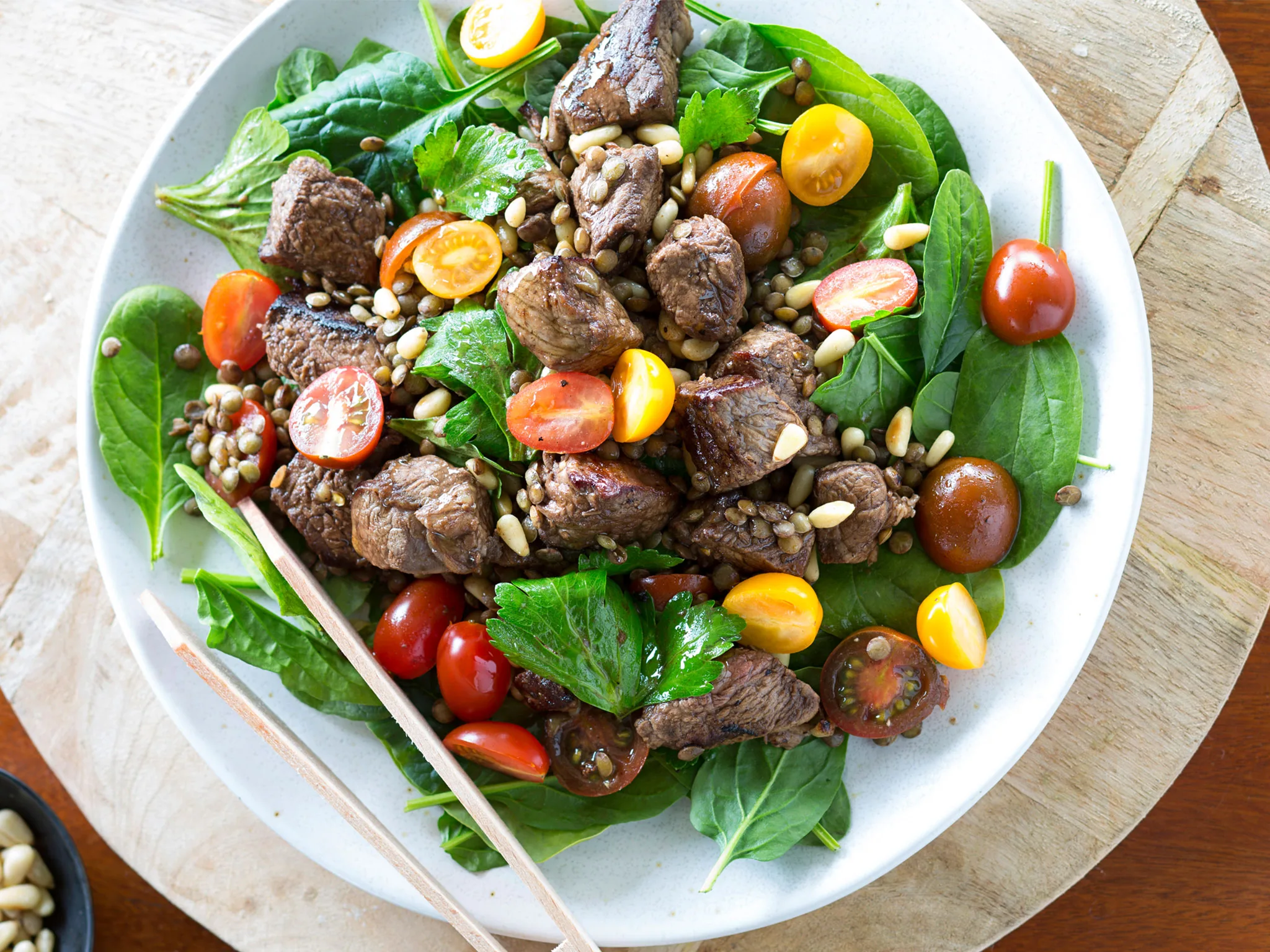 Shaking beef, lentil and spinach salad