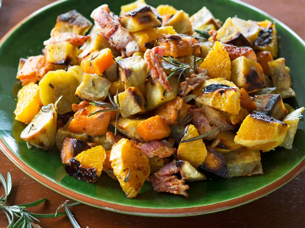 Kumara, bacon and burnt orange salad