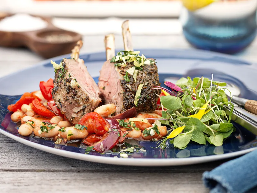 Rosemary lamb with white bean and tomato