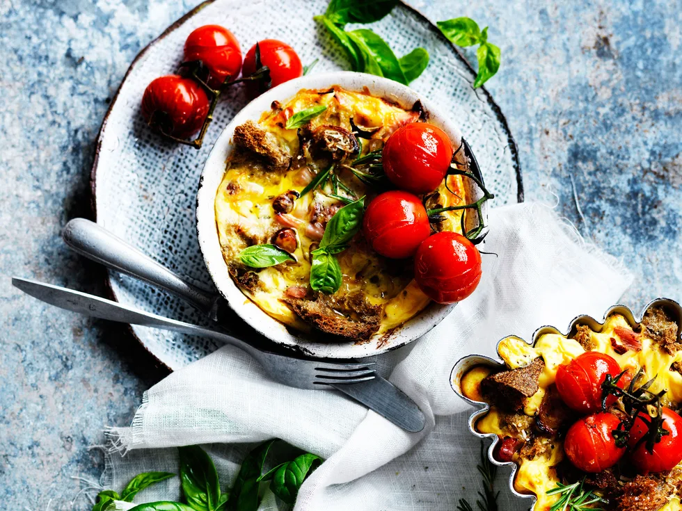 Caramelised onion, ham and pecorino strata