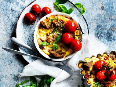 Caramelised onion, ham and pecorino strata