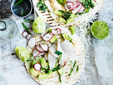 Kingfish ceviche tacos with pickled radish