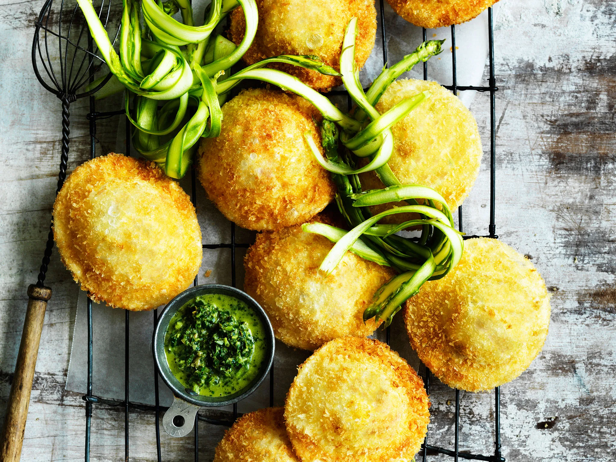 Crisp cheese ravioli with salsa verde