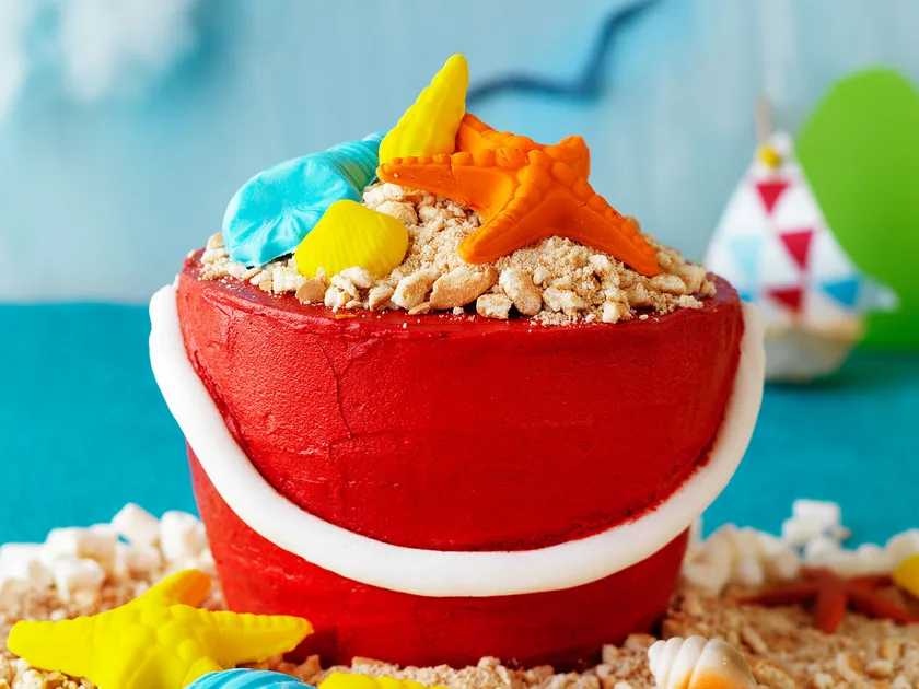 Sand bucket at the beach cake