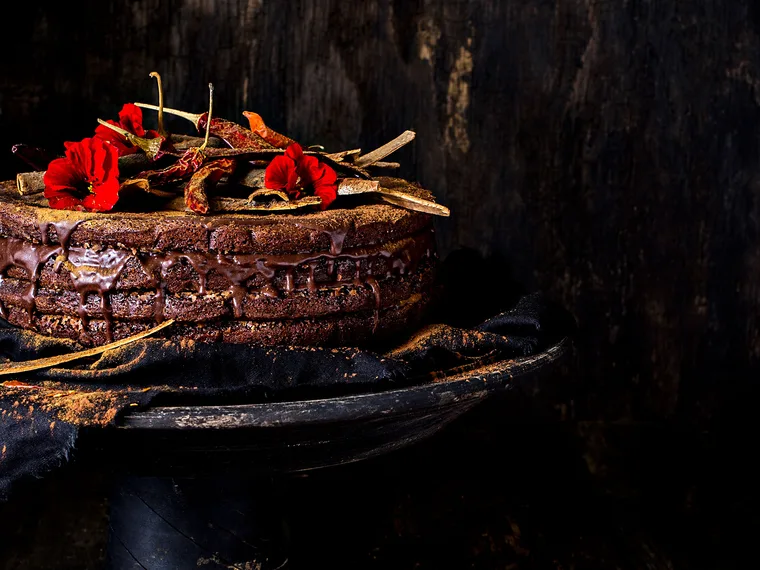 Spicy chocolate torte with sour cinnamon sauce & sugared pepitas