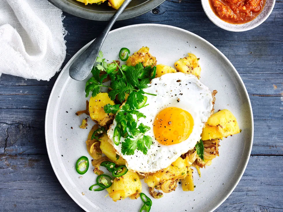 Indian-spiced potato, fried egg and kasundi