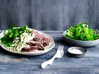 Garlic herbed beef with kohlrabi remoulade & watercress