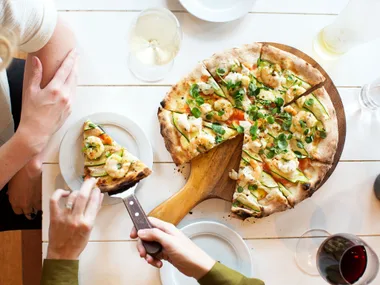 Prawn, chilli and courgette pizza with anchovy dressing