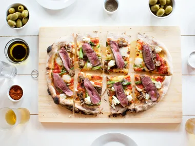 Smoked venison pizza with wild mushrooms, asparagus and taleggio
